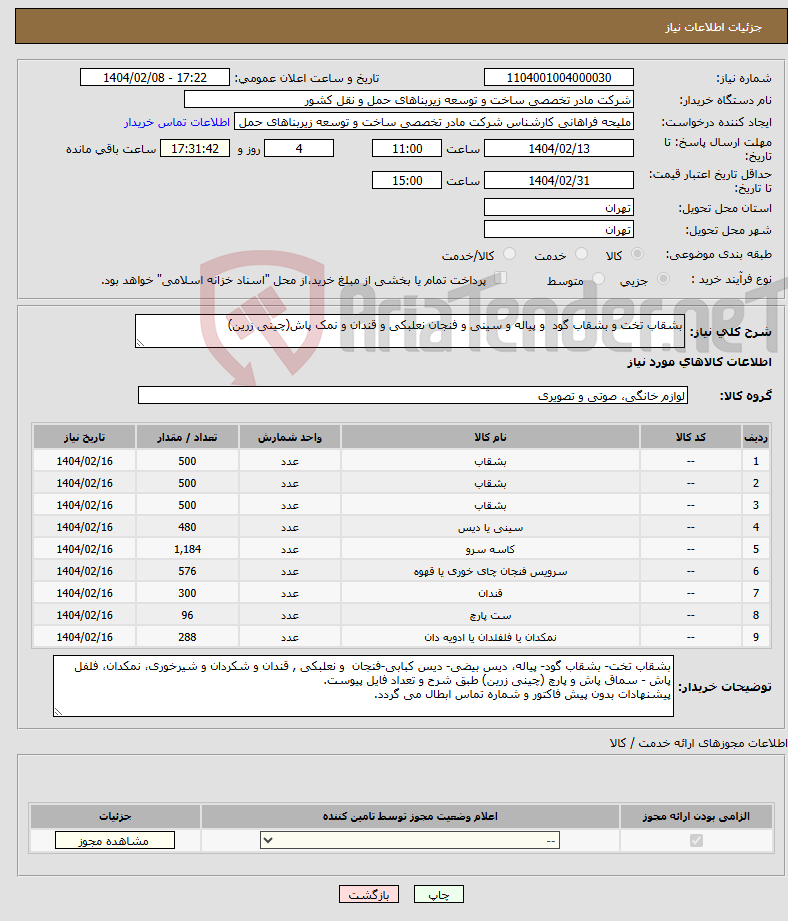 تصویر کوچک آگهی نیاز انتخاب تامین کننده-بشقاب تخت و بشقاب گود و پیاله و سینی و فنجان نعلبکی و قندان و نمک پاش(چینی زرین)