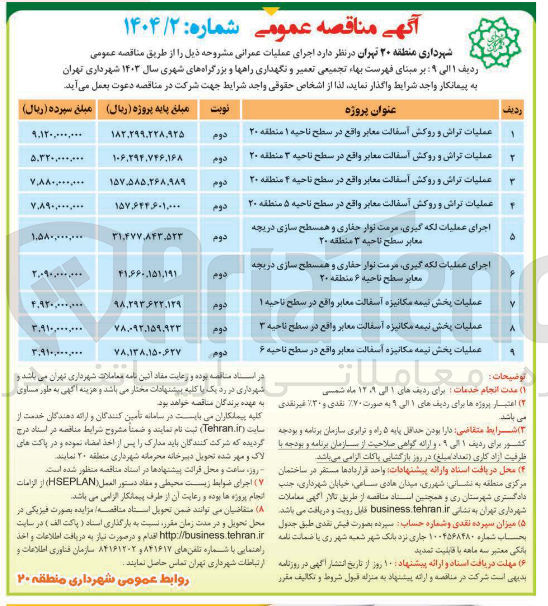 تصویر کوچک آگهی عملیات تراش و روکش آسفالت معابر واقع در سطح ناحیه ۴ منطقه ۲۰ 
