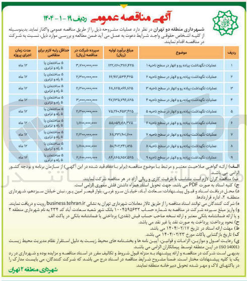 تصویر کوچک آگهی عملیات نگهداشت پیاده رو و انهار