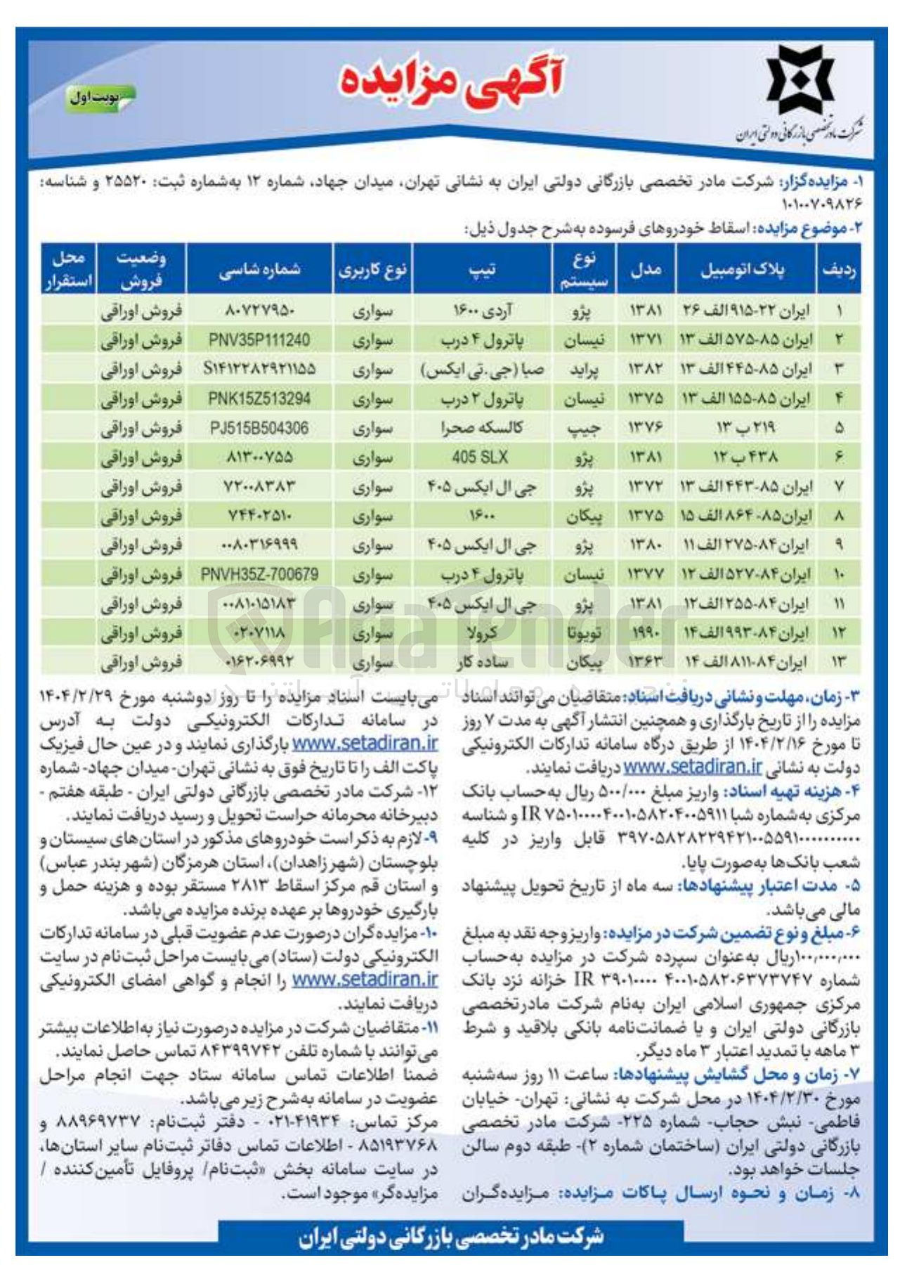 تصویر کوچک آگهی فروش اسقاط خودروهای فرسوده در 13 ردیف