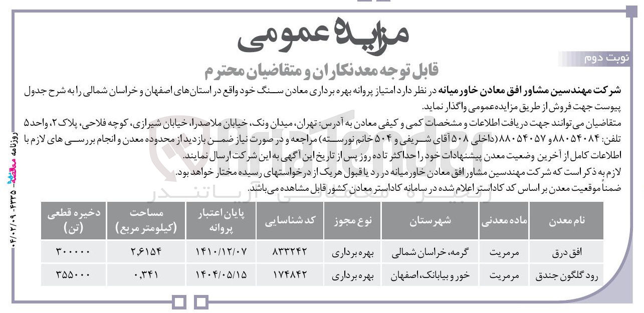تصویر کوچک آگهی فروش امتیاز پروانه بهره برداری معادن سنگ : معدن افق درق و معدن رود گلگون جندق