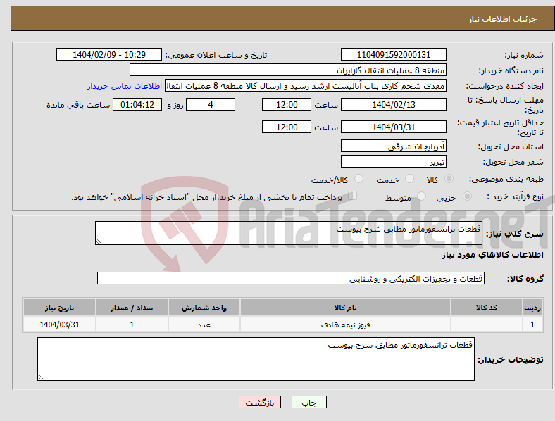 تصویر کوچک آگهی نیاز انتخاب تامین کننده-قطعات ترانسفورماتور مطابق شرح پیوست