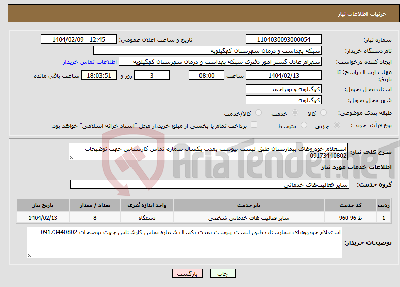 تصویر کوچک آگهی نیاز انتخاب تامین کننده-استعلام خودروهای بیمارستان طبق لیست پیوست بمدت یکسال شماره تماس کارشناس جهت توضیحات 09173440802
