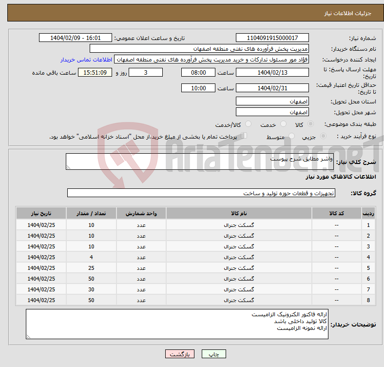 تصویر کوچک آگهی نیاز انتخاب تامین کننده-واشر مطابق شرح پیوست