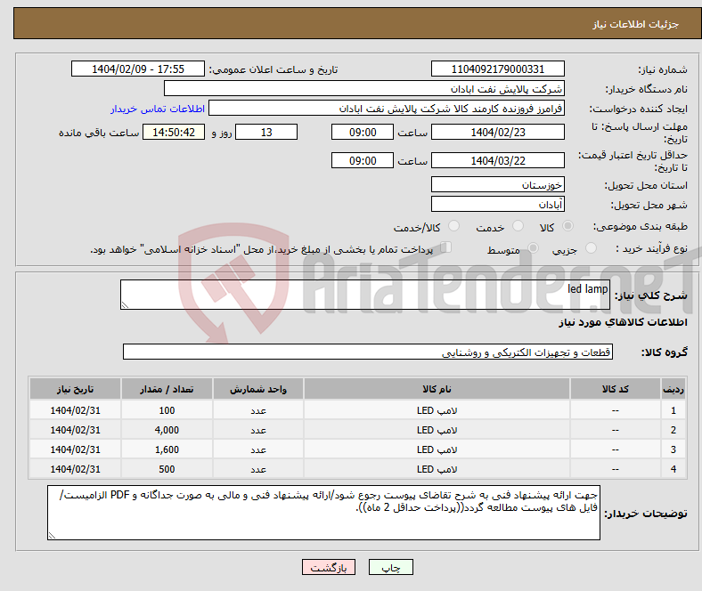 تصویر کوچک آگهی نیاز انتخاب تامین کننده-led lamp