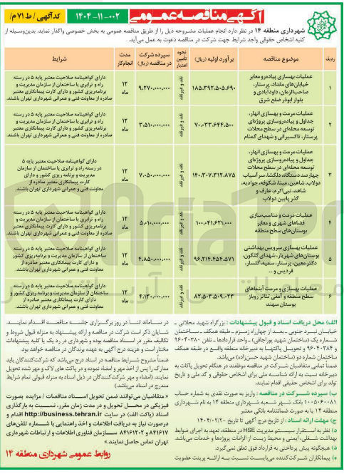 تصویر کوچک آگهی عملیات بهسازی و مرمت آبنماهای سطح منطقه و آمفی تئاتر روباز بوستان سهند 
