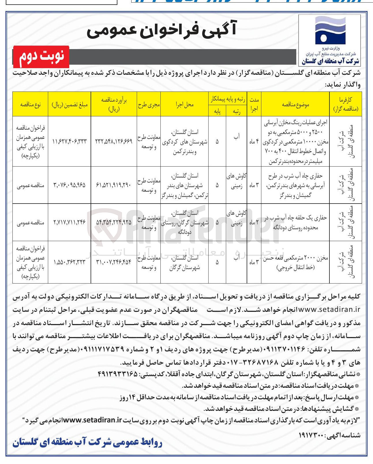 تصویر کوچک آگهی حفاری چاه آب شرب در طرح آبرسانی به شهرهای بندر ترکمن گمیشان و بندرگز 
