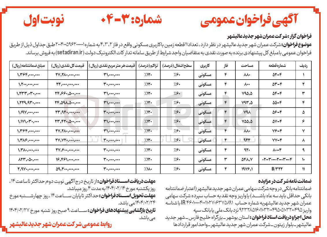 تصویر کوچک آگهی تعداد ۱۱ قطعه زمین با کاربری مسکونی 