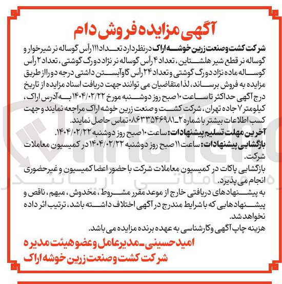 تصویر کوچک آگهی تعداد ۱۱۱ رأس گوساله نر شیرخوار و گوساله نر قطع شیر هلشتاین تعداد ۴ رأس گوساله نر نژاد دو رگ گوشتی ، تعداد ۲ رأس گوساله ماده نژاد دورگ گوشتی و تعداد ۲۴ رأس گاو آبستن داشتی درجه دو 