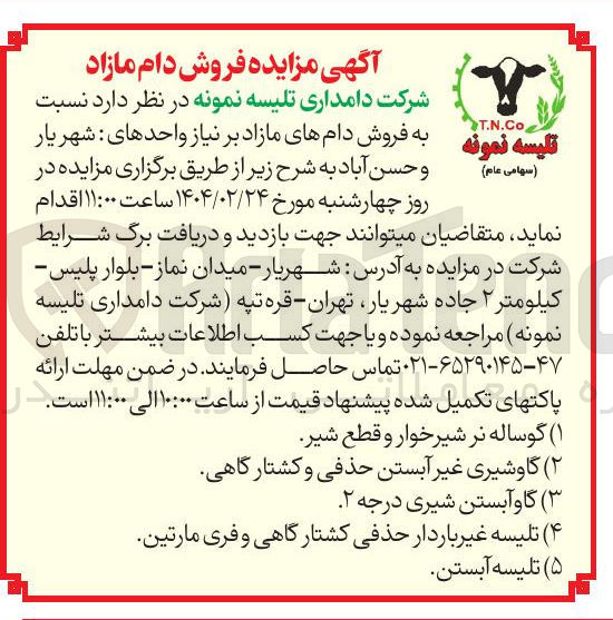 تصویر کوچک آگهی فروش دام مازاد : 1) گوساله نر شیر خوار و قطع شیر 2) گاوشیری غیر آبستن حذفی و کشتارگاهی 3) گاو آبستن شیری درجه ۲ 4) تلیسه غیر باردار حذفی کشتارگاهی و فری مارتین 5) تلیسه آبستن