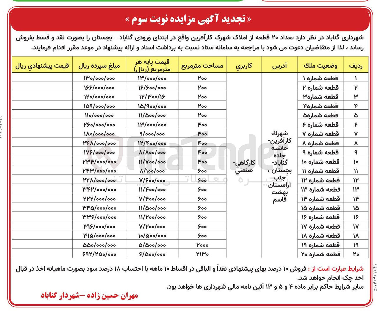 تصویر کوچک آگهی تعداد ۲۰ قطعه از املاک شهرک