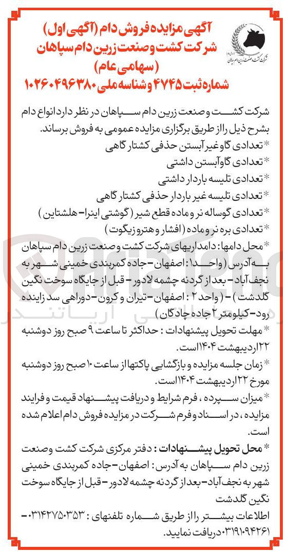 تصویر کوچک آگهی فروش انواع دام : تعدادی گاو غیر آبستن حذفی کشتارگاهی - تعدادی گاوآبستن داشتی - تعدادی تلیسه باردار داشتی - تعدادی تلیسه غیر باردار حذفی کشتارگاهی - تعدادی گوساله نر و ماده قطع شیر گوشتی اینرا - هلشتاین ) - تعدادی بره نر و ماده افشار و هتروزیگوت )