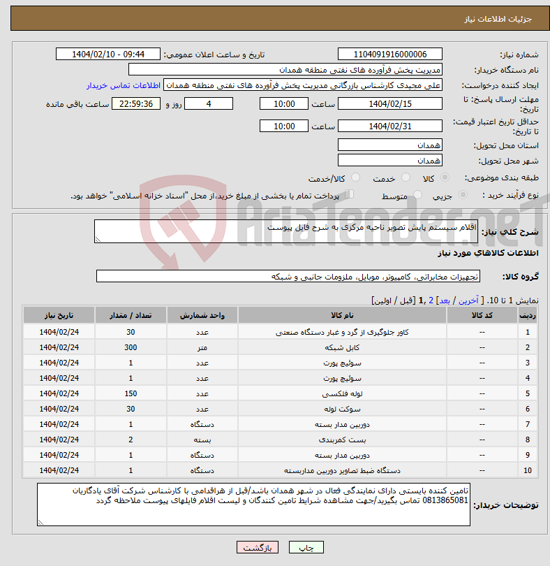 تصویر کوچک آگهی نیاز انتخاب تامین کننده-اقلام سیستم پایش تصویر ناحیه مرکزی به شرح فایل پیوست 