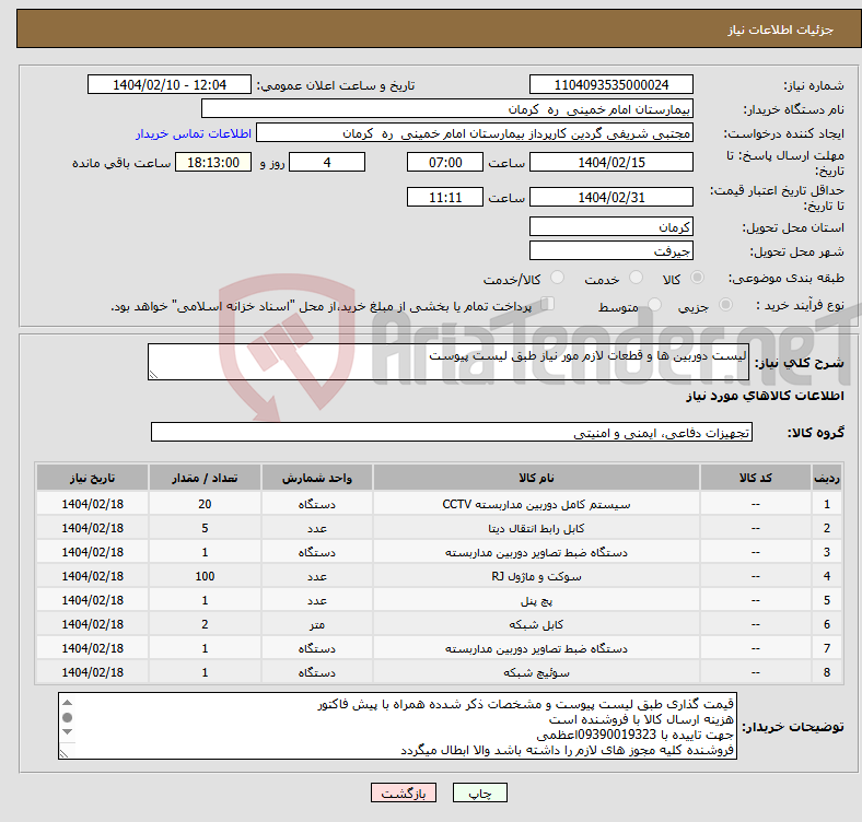 تصویر کوچک آگهی نیاز انتخاب تامین کننده-لیست دوربین ها و قطعات لازم مور نیاز طبق لیست پیوست