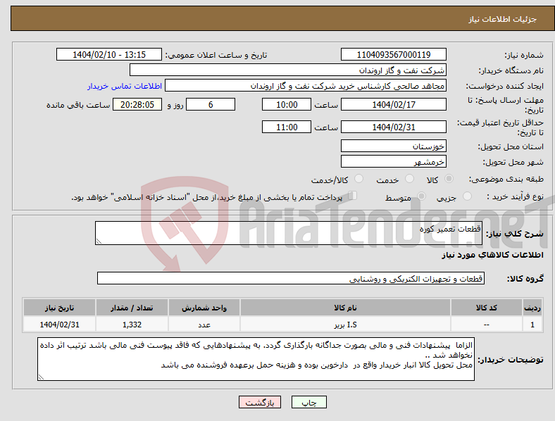 تصویر کوچک آگهی نیاز انتخاب تامین کننده-قطعات تعمیر کوره 