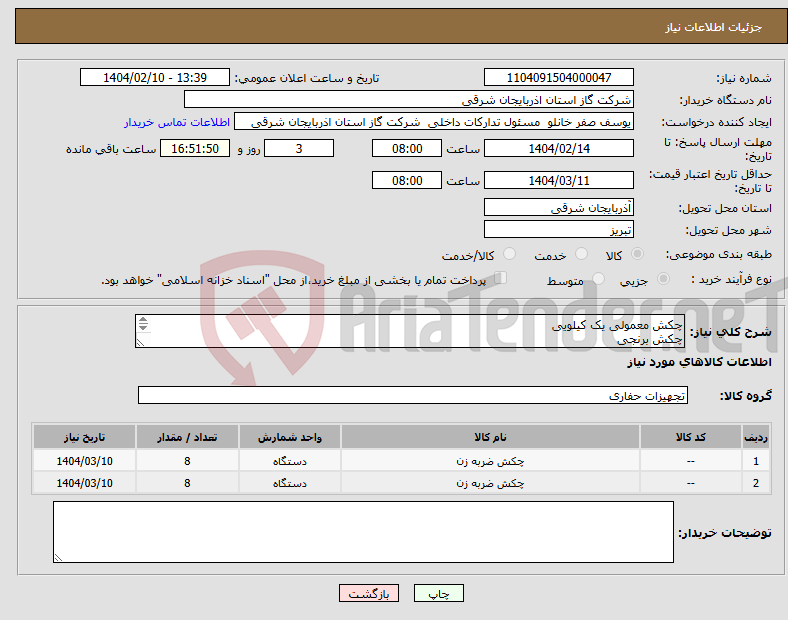 تصویر کوچک آگهی نیاز انتخاب تامین کننده-چکش معمولی یک کیلویی چکش برنجی 
