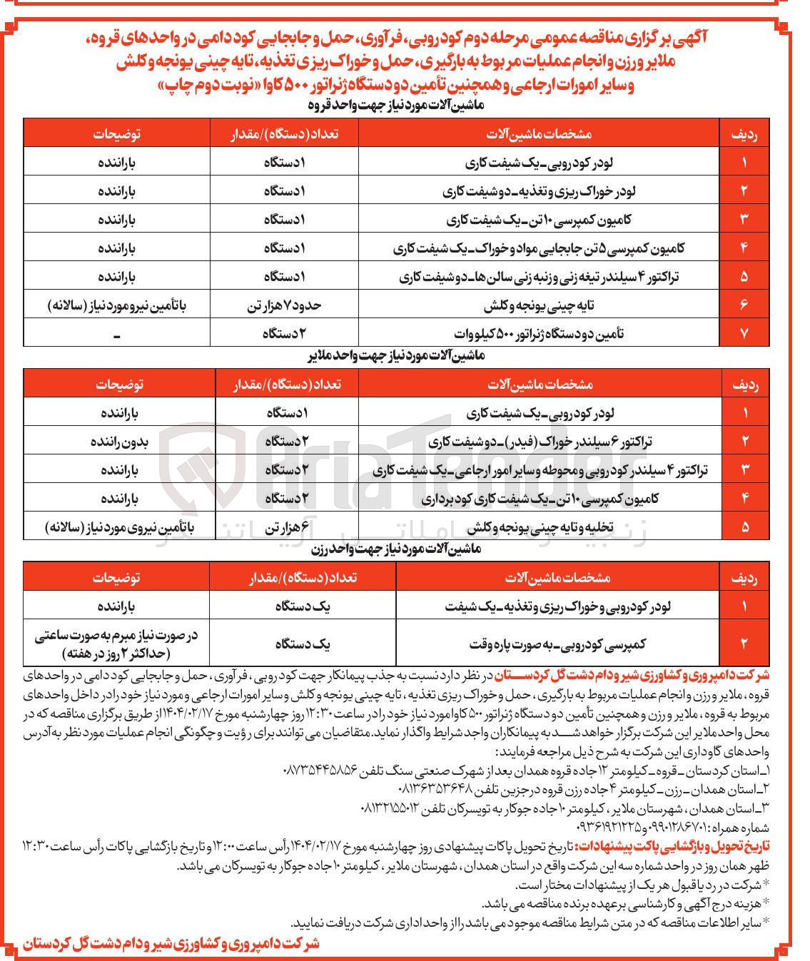 تصویر کوچک آگهی  انجام عملیات مربوط به بارگیری حمل و خوراک ریزی تغذیه تا یه چینی یونجه و کلش و سایر امورات ارجاعی