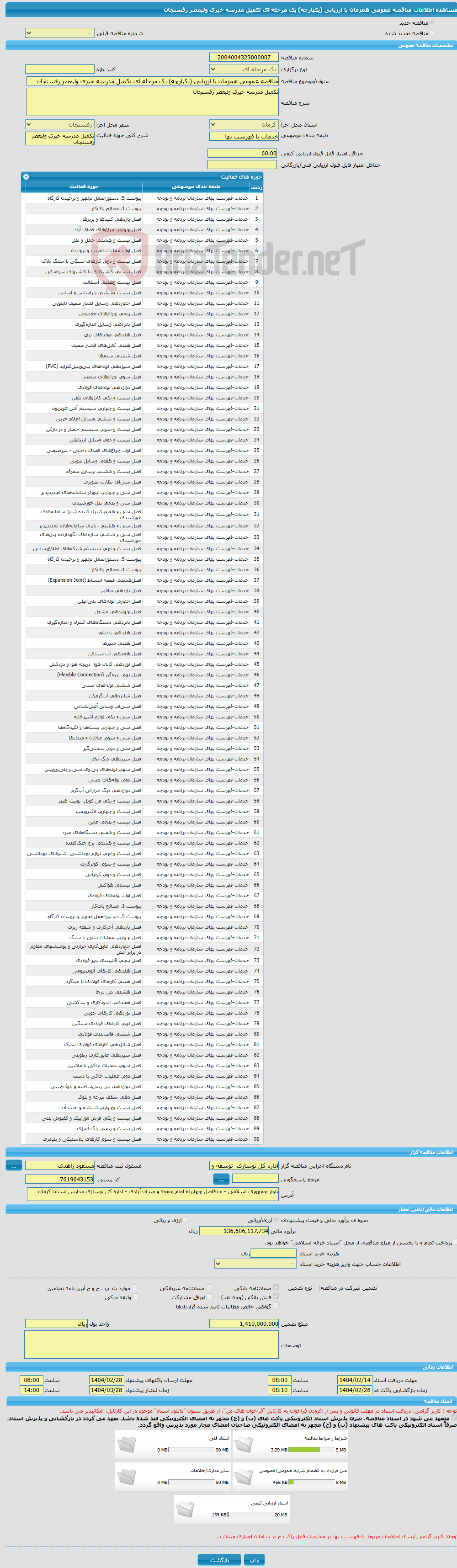 تصویر کوچک آگهی مناقصه عمومی همزمان با ارزیابی (یکپارچه) یک مرحله ای تکمیل مدرسه خیری ولیعصر رفسنجان
