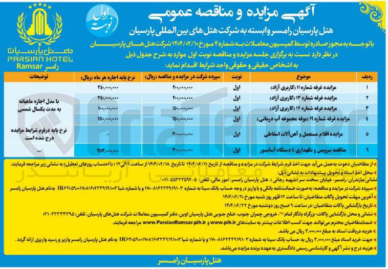 تصویر کوچک آگهی اجاره غرفه های شماره 11 و 13 و 14 (کاربری آزاد) و اجاره غرفه شماره 19 (بوفه مجموعه آب درمانی)