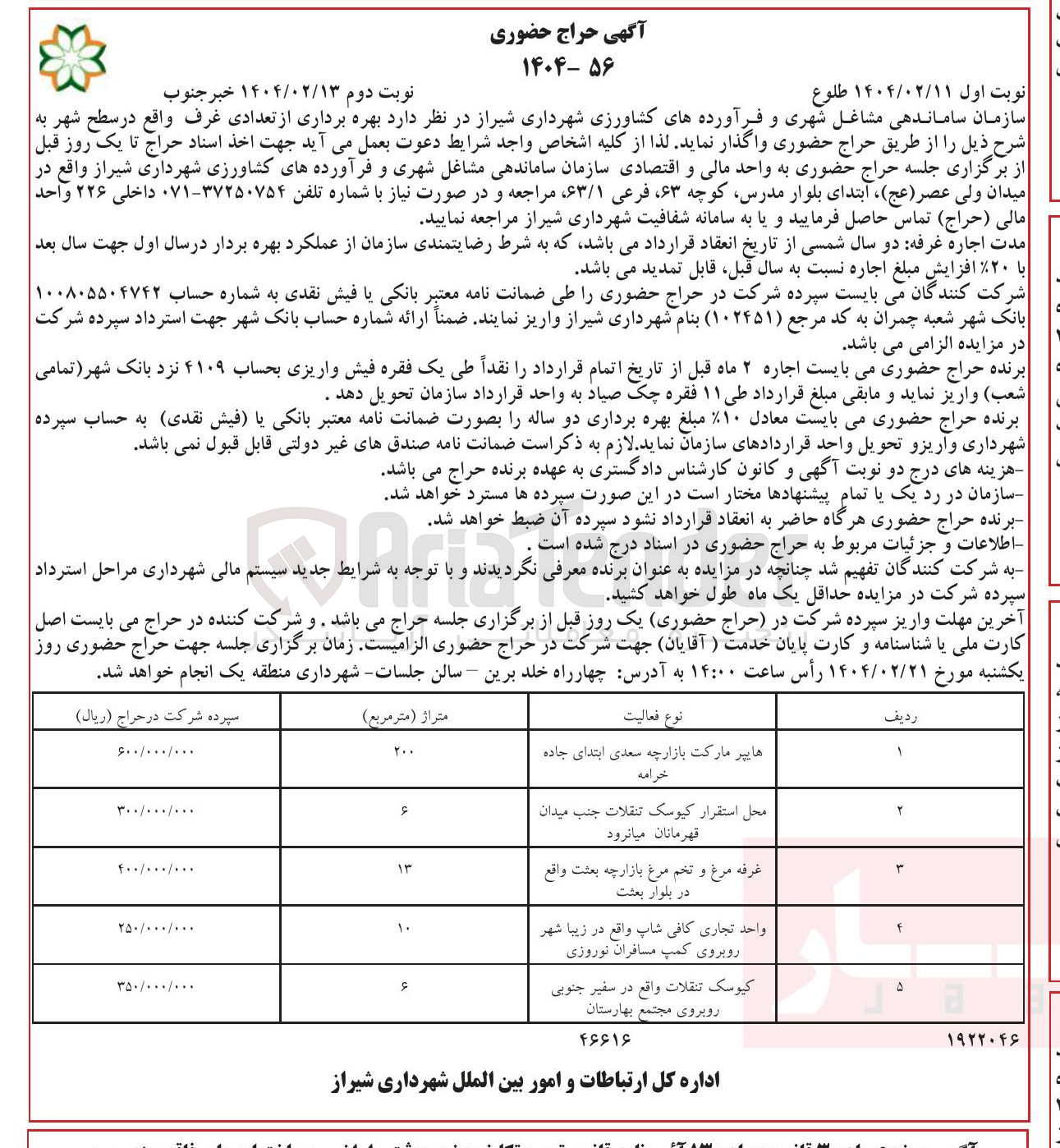 تصویر کوچک آگهی  بهره برداری از تعدادی غرف واقع در سطح شهر 