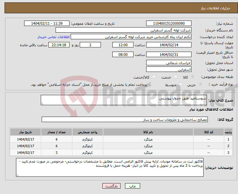 تصویر کوچک آگهی نیاز انتخاب تامین کننده-سوستامید طبق جدول پیوستی