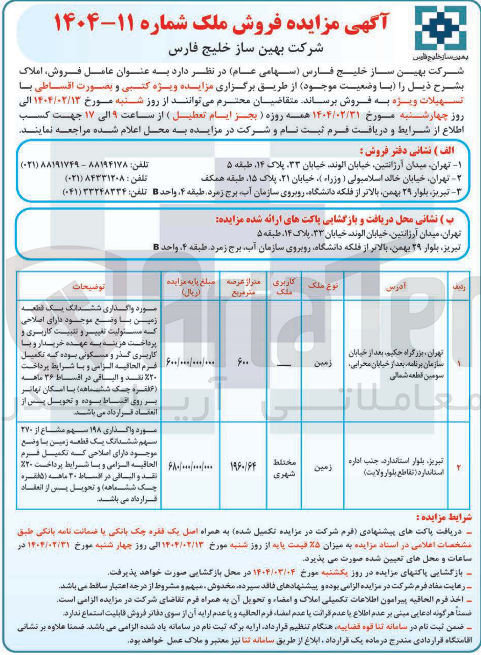 تصویر کوچک آگهی فروش املاک در 2 ردیف در شهرهای تهران و تبریز با کاربری مختلط شهری