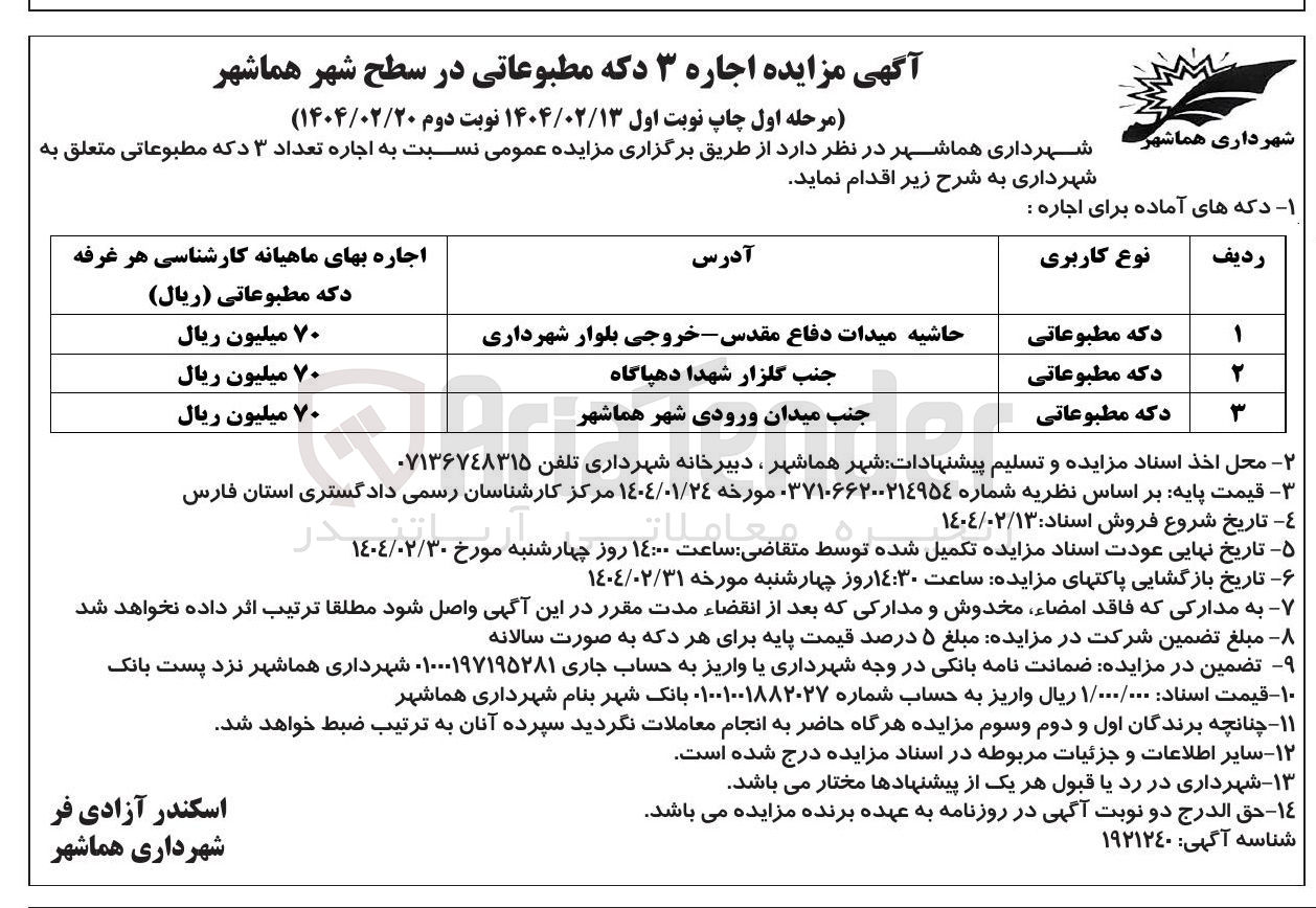 تصویر کوچک آگهی  اجاره تعداد ۳ دکه مطبوعاتی 