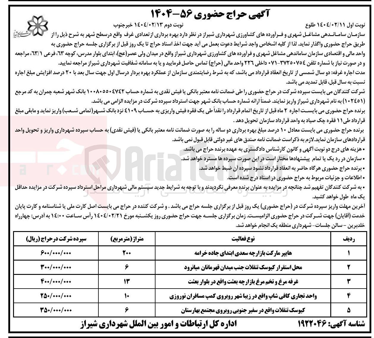 تصویر کوچک آگهی بهره برداری از تعدادی غرف در 5 ردیف : هایپر مارکت بازارچه، محل استقرار کیوسک تنقلات، غرفه مرغ و تخم مرغ بازارچه، واحد تجاری کافی شاپ، کیوسک تنقلات