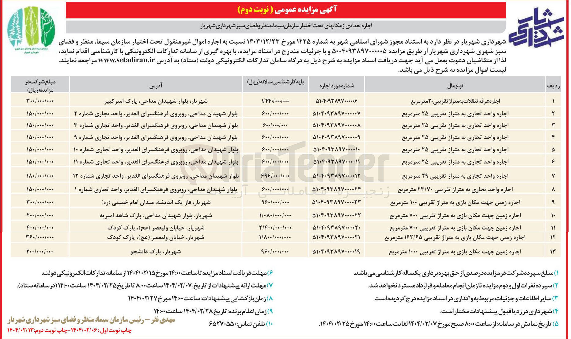 تصویر کوچک آگهی اجاره تعدادی از مکان های تحت اختیار در 13 ردیف با کاربری تجاری و زمین بازی و غرفه تنقلات