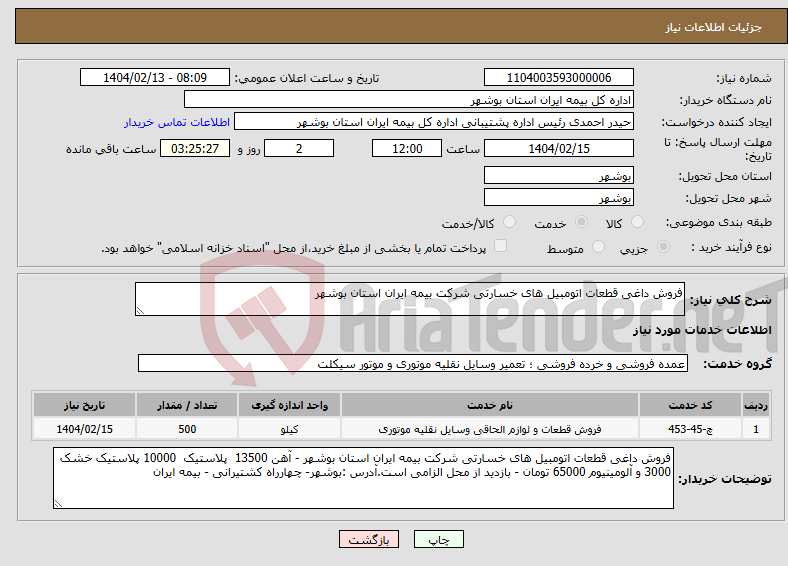 تصویر کوچک آگهی نیاز انتخاب تامین کننده-فروش داغی قطعات اتومبیل های خسارتی شرکت بیمه ایران استان بوشهر 
