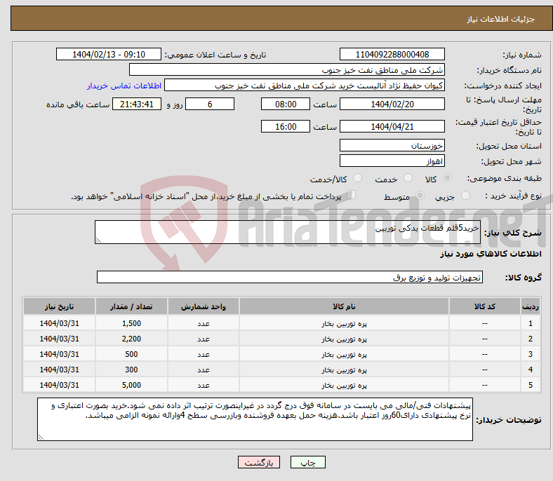 تصویر کوچک آگهی نیاز انتخاب تامین کننده-خرید5قلم قطعات یدکی توربین