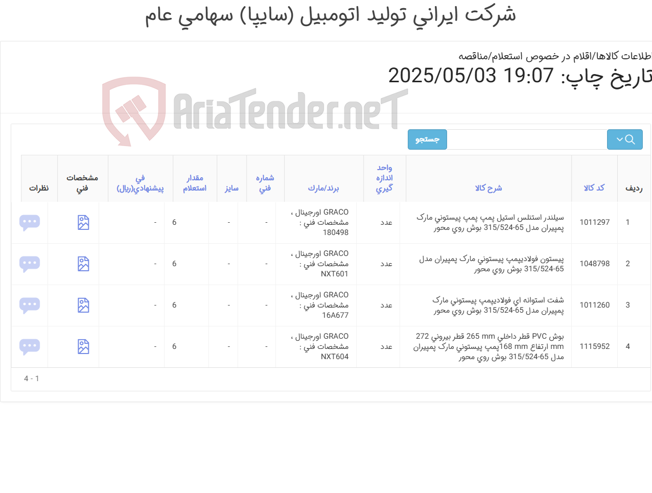 تصویر کوچک آگهی تامین چهار ردیف شفت, سیلندر, پیستون و بوش