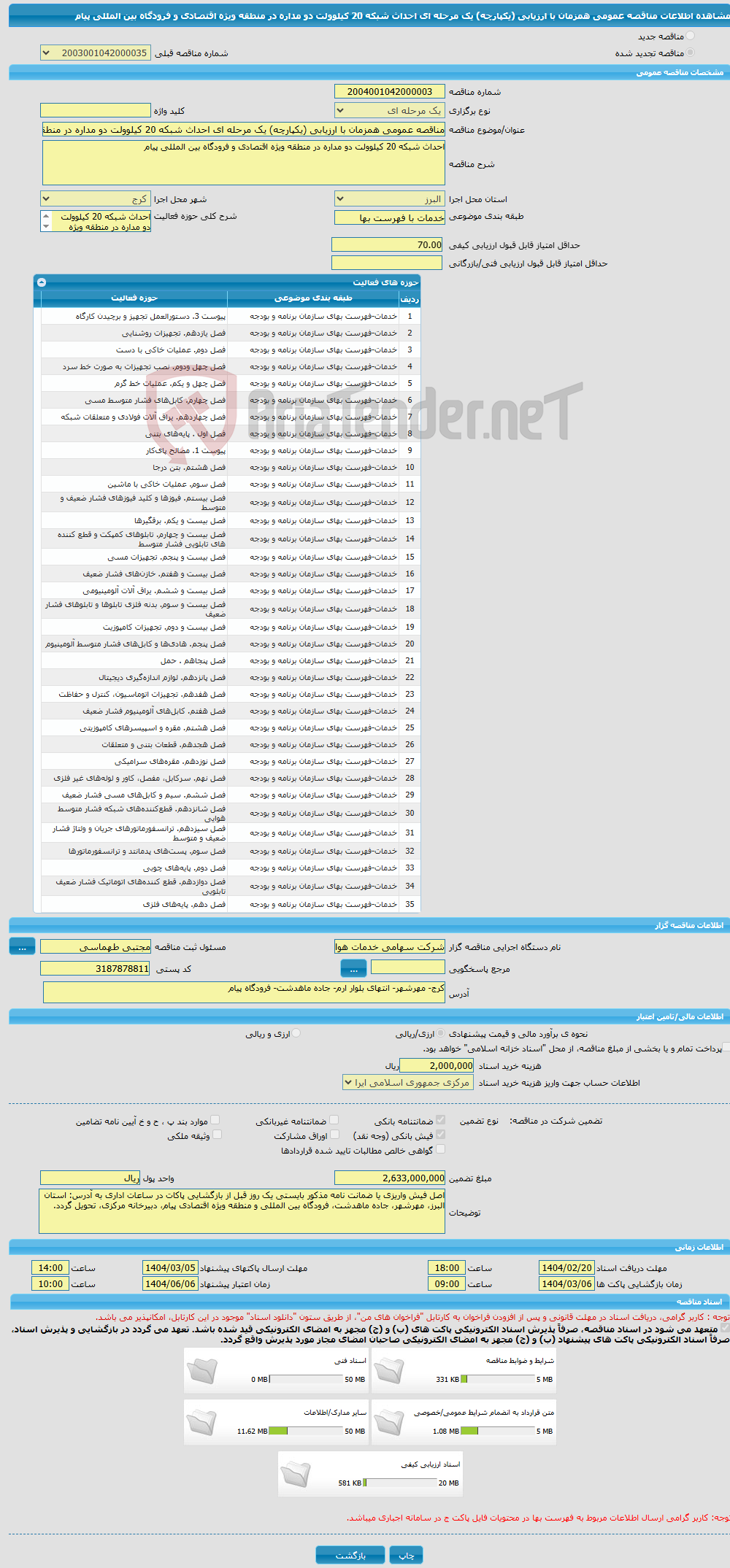 تصویر کوچک آگهی مناقصه عمومی همزمان با ارزیابی (یکپارچه) یک مرحله ای احداث شبکه 20 کیلوولت دو مداره در منطقه ویژه اقتصادی و فرودگاه بین المللی پیام