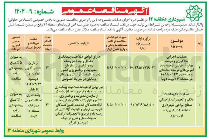 تصویر کوچک آگهی ملیات نگهداشت علائم و تجهیزات ترافیکی سطح نواحی شهرداری منطقه ۱۲ اکیپی ) 