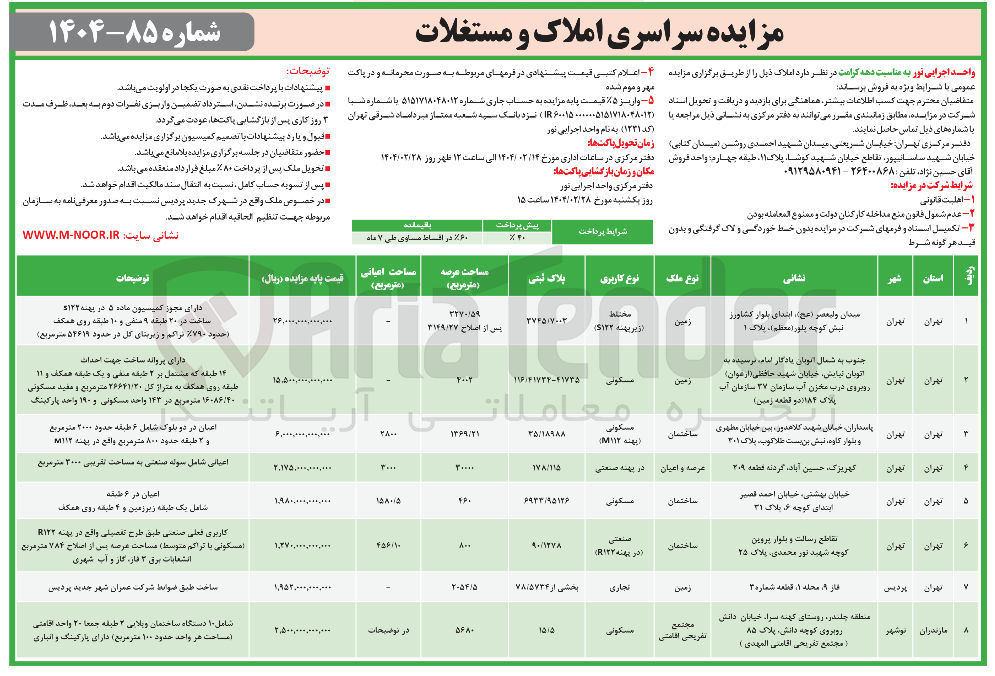 تصویر کوچک آگهی مزایده سراسری املاک و مستغلات