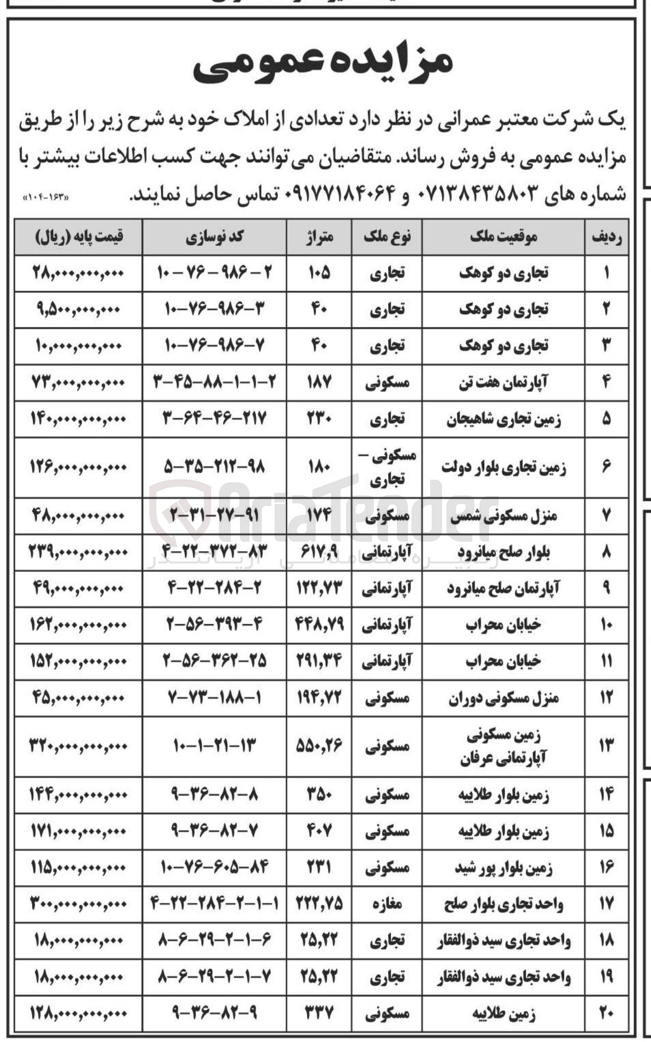 تصویر کوچک آگهی فروش املاک در 20 ردیف با کاربری تجاری، زمین ، مسکونی، 