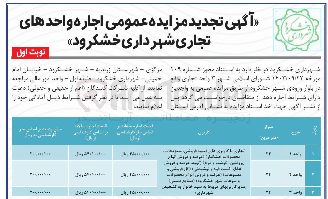 تصویر کوچک آگهی اجاره 3 واحد تجاری با کاربری های (میوه ، فروشی سبزیجات محصولات خشکبار ) ( عرضه و فروش انواع پروتئین گوشت و مرغ) (تهیه ، عرضه و فروش غذای فست فود و نوشیدنی ) (گل فروشی و مصنوعات ) (عرضه و فروش انواع محصولات 
و سوغات شهر خشکرود ) (صنایع دستی) (سایر کاربریهای مربوط به سید خانوار به تشخیص شهرداری ) 