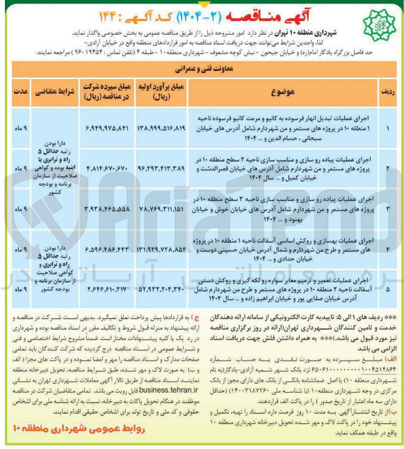 تصویر کوچک آگهی اجرای عملیات تعمیر و و ترمیم معابر سواره رو لکه گیری و روکش دستی آسفالت در پروژه های مستمر و طرح من شهر دارم