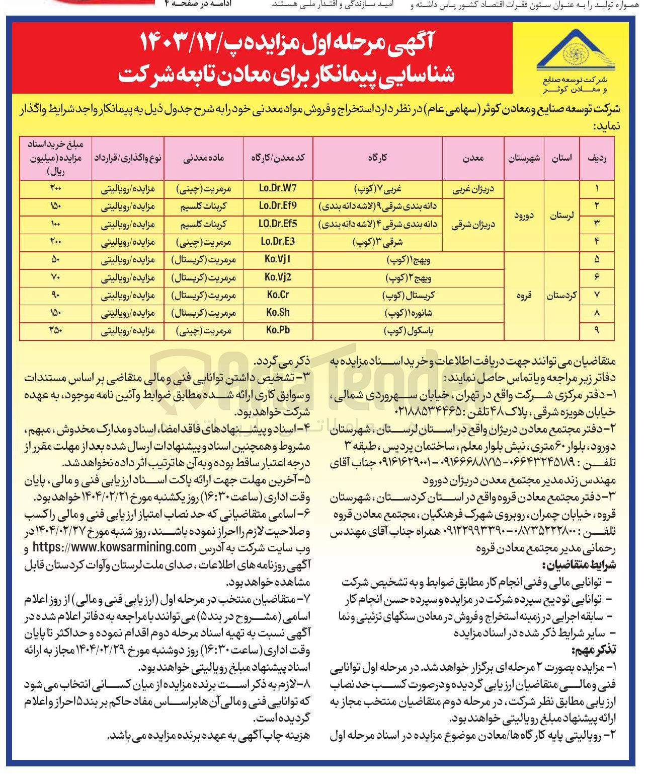 تصویر کوچک آگهی  استخراج و فروش مواد معدنی در 9 ردیف
