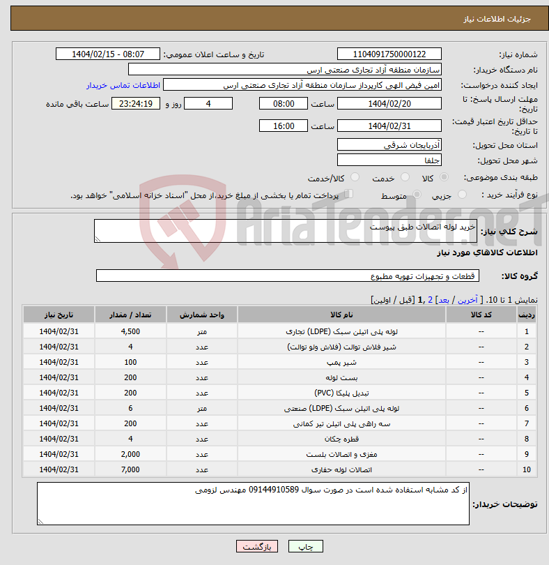 تصویر کوچک آگهی نیاز انتخاب تامین کننده-خرید لوله اتصالات طبق پیوست