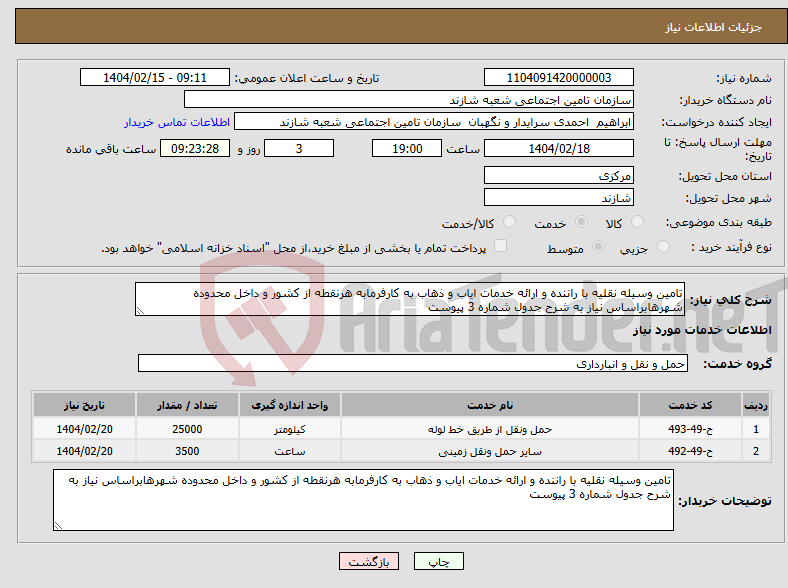 تصویر کوچک آگهی نیاز انتخاب تامین کننده-تامین وسیله نقلیه با راننده و ارائه خدمات ایاب و ذهاب به کارفرمابه هرنقطه از کشور و داخل محدوده شهرهابراساس نیاز به شرح جدول شماره 3 پیوست