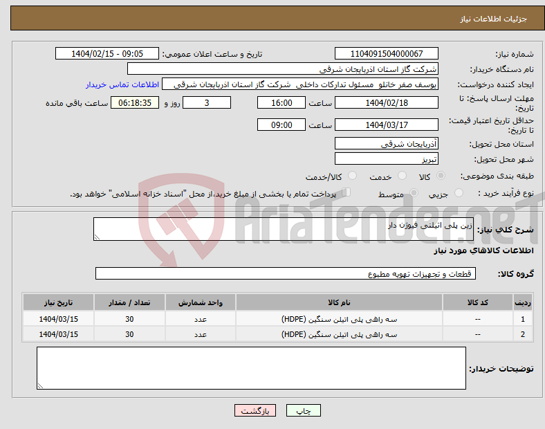 تصویر کوچک آگهی نیاز انتخاب تامین کننده-زین پلی اتیلنی فیوژن دار 