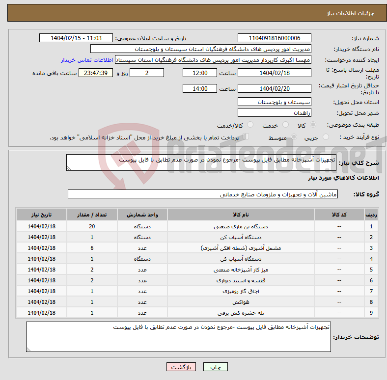 تصویر کوچک آگهی نیاز انتخاب تامین کننده-تجهیزات آشپزخانه مطابق فایل پیوست -مرجوع نمودن در صورت عدم تطابق با فایل پیوست