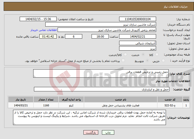 تصویر کوچک آگهی نیاز انتخاب تامین کننده-حمل زمینی و ترخیص قطعات برقی