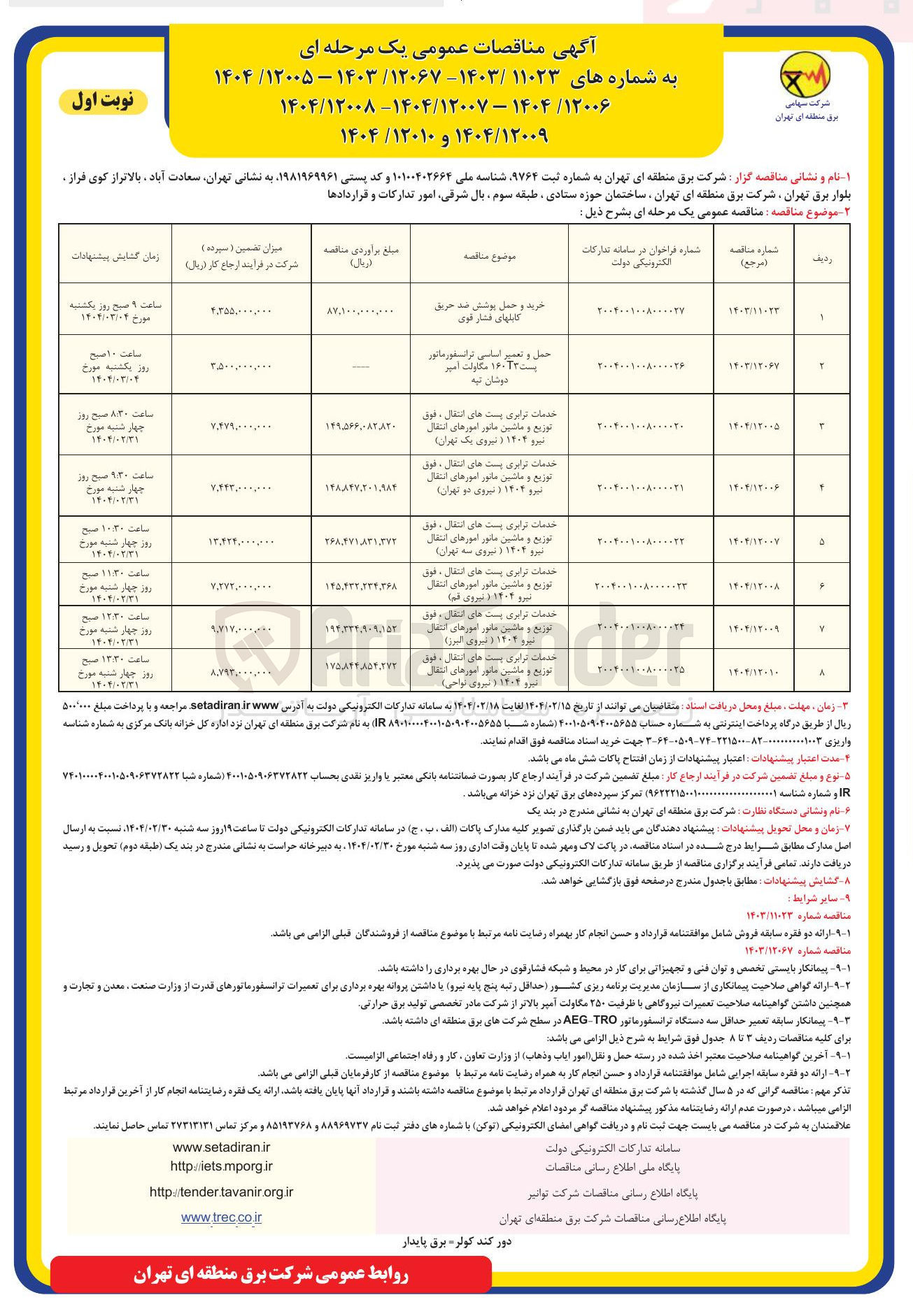 تصویر کوچک آگهی خدمات ترابری پست های انتقال ، فوق توزیع و ماشین مانور امورهای انتقال نیرو 1404 