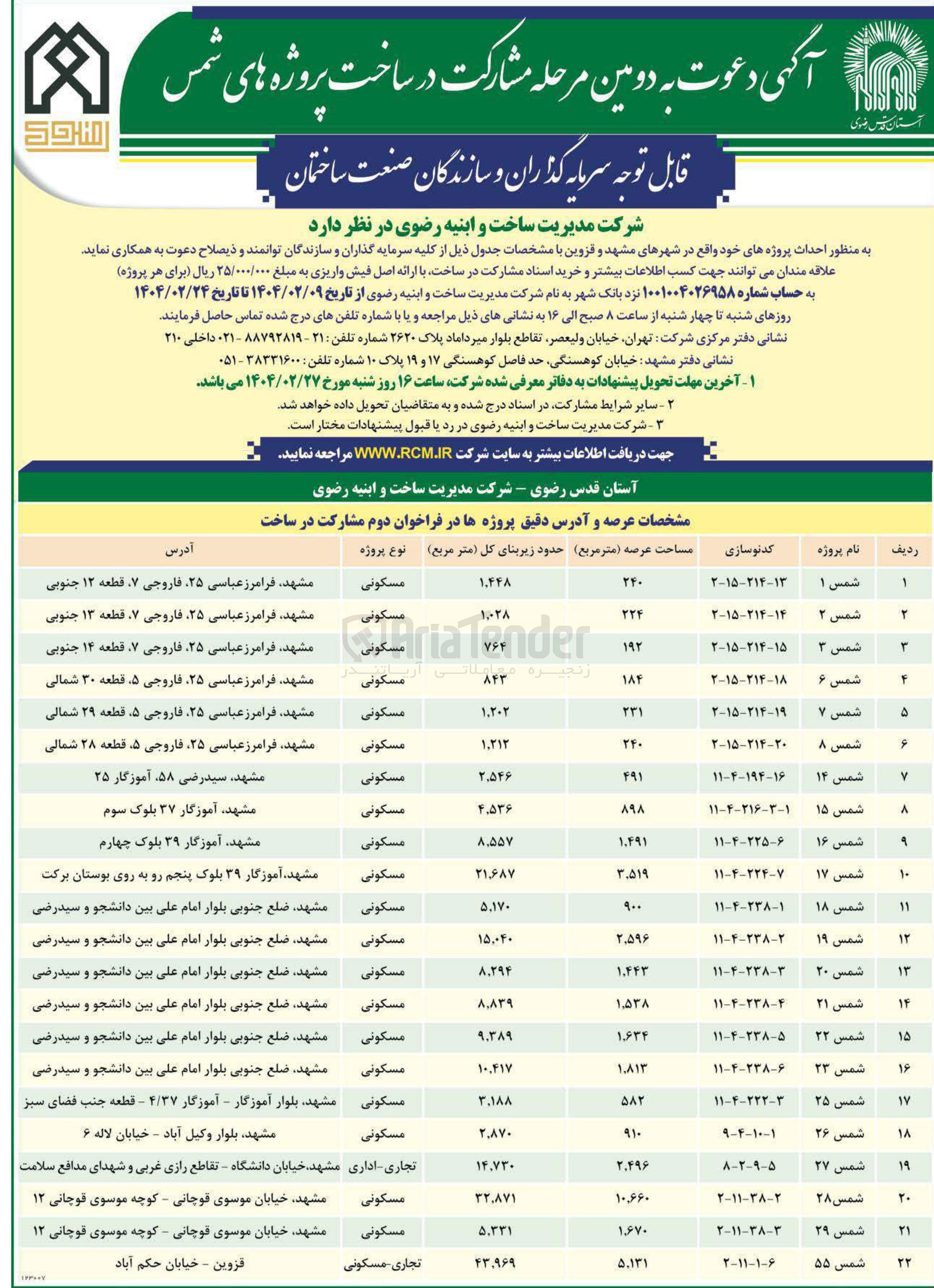 تصویر کوچک آگهی مشارکت در ساخت پروژه شمس 25 با کاربری مسکونی