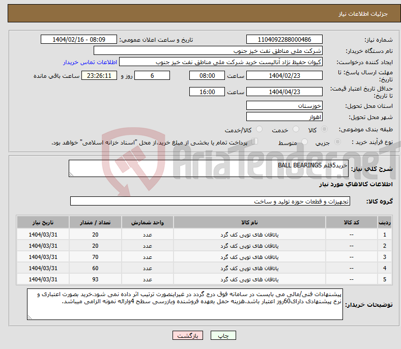 تصویر کوچک آگهی نیاز انتخاب تامین کننده-خرید5قلم BALL BEARINGS