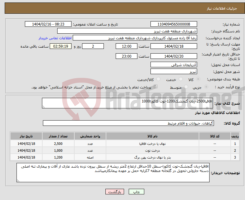 تصویر کوچک آگهی نیاز انتخاب تامین کننده-اقاقیا2500-زبان گنجشک1200-توت کاکوزا1000