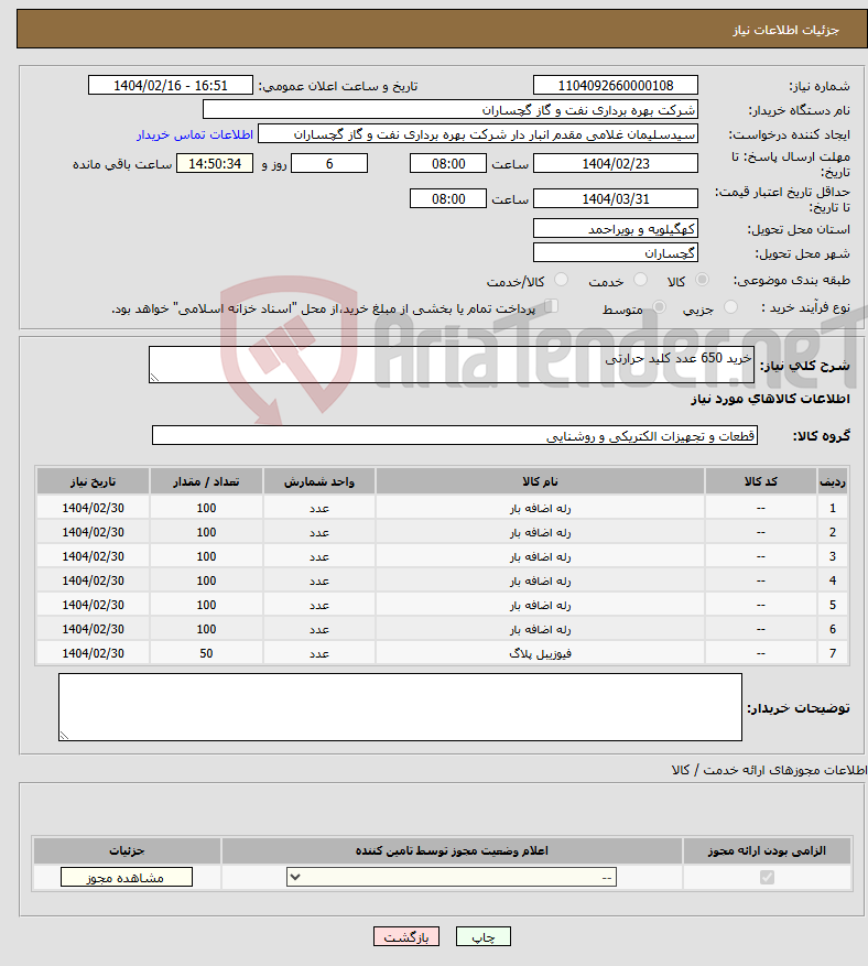 تصویر کوچک آگهی نیاز انتخاب تامین کننده-خرید 650 عدد کلید حرارتی 