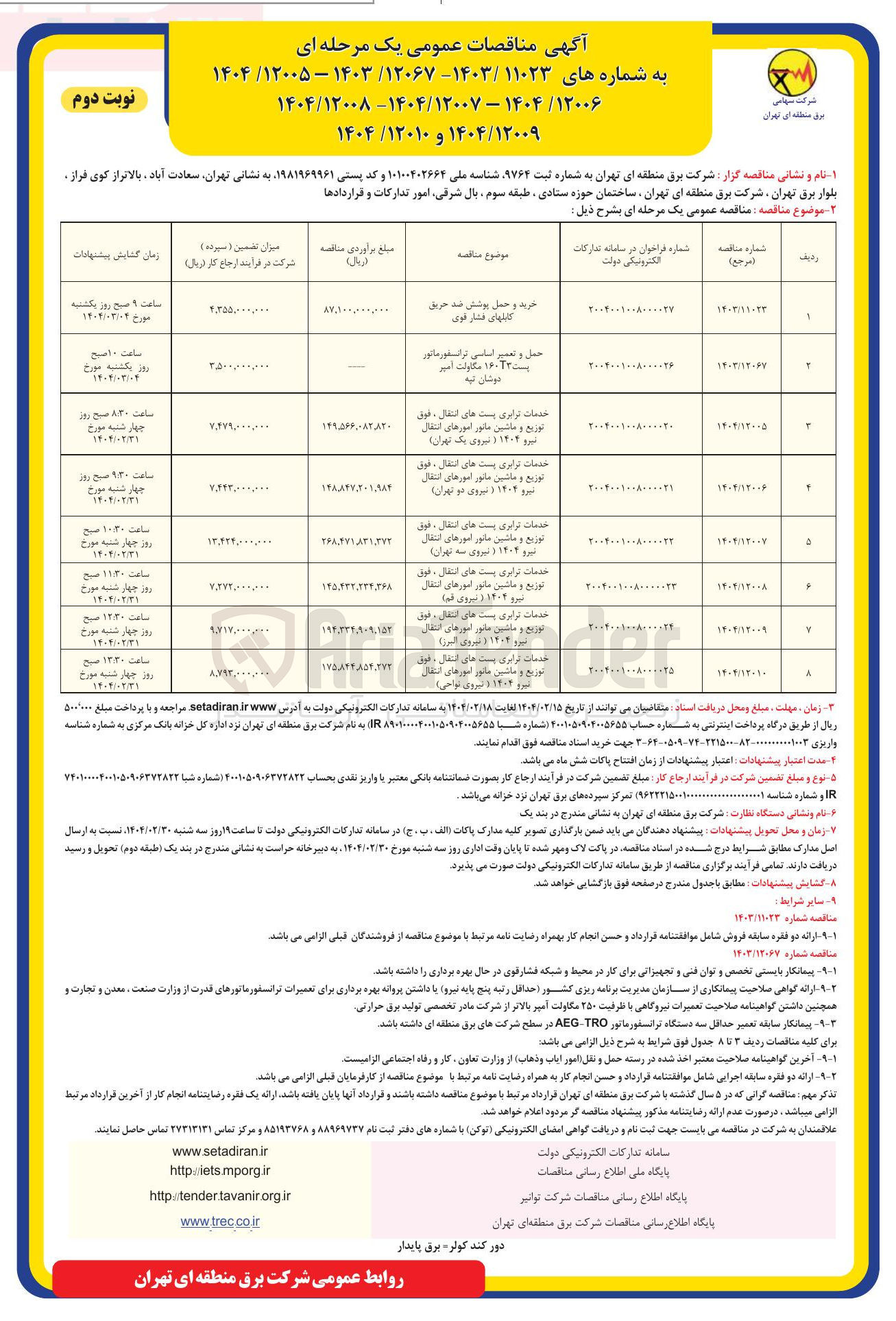 تصویر کوچک آگهی خدمات ترابری پست های انتقال، فوق توزیع و ماشین مانور امورهای انتقال نیرو 1404
